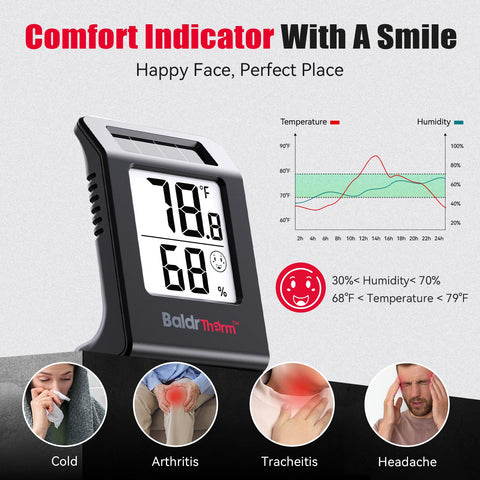 BaldrTherm comfort indicator smiley shows ideal ranges at a glance