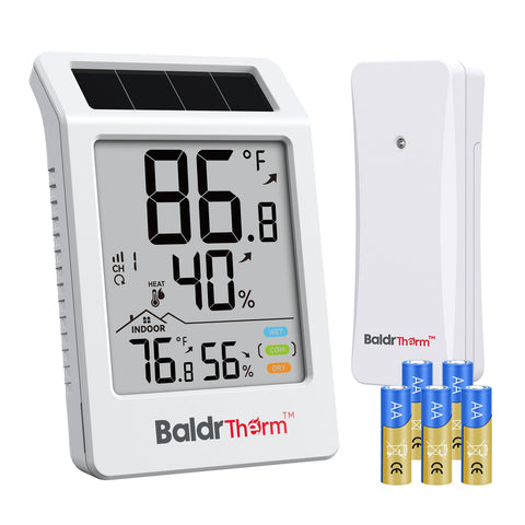 BaldrTherm digital hygrometer display showing real-time indoor-outdoor readings