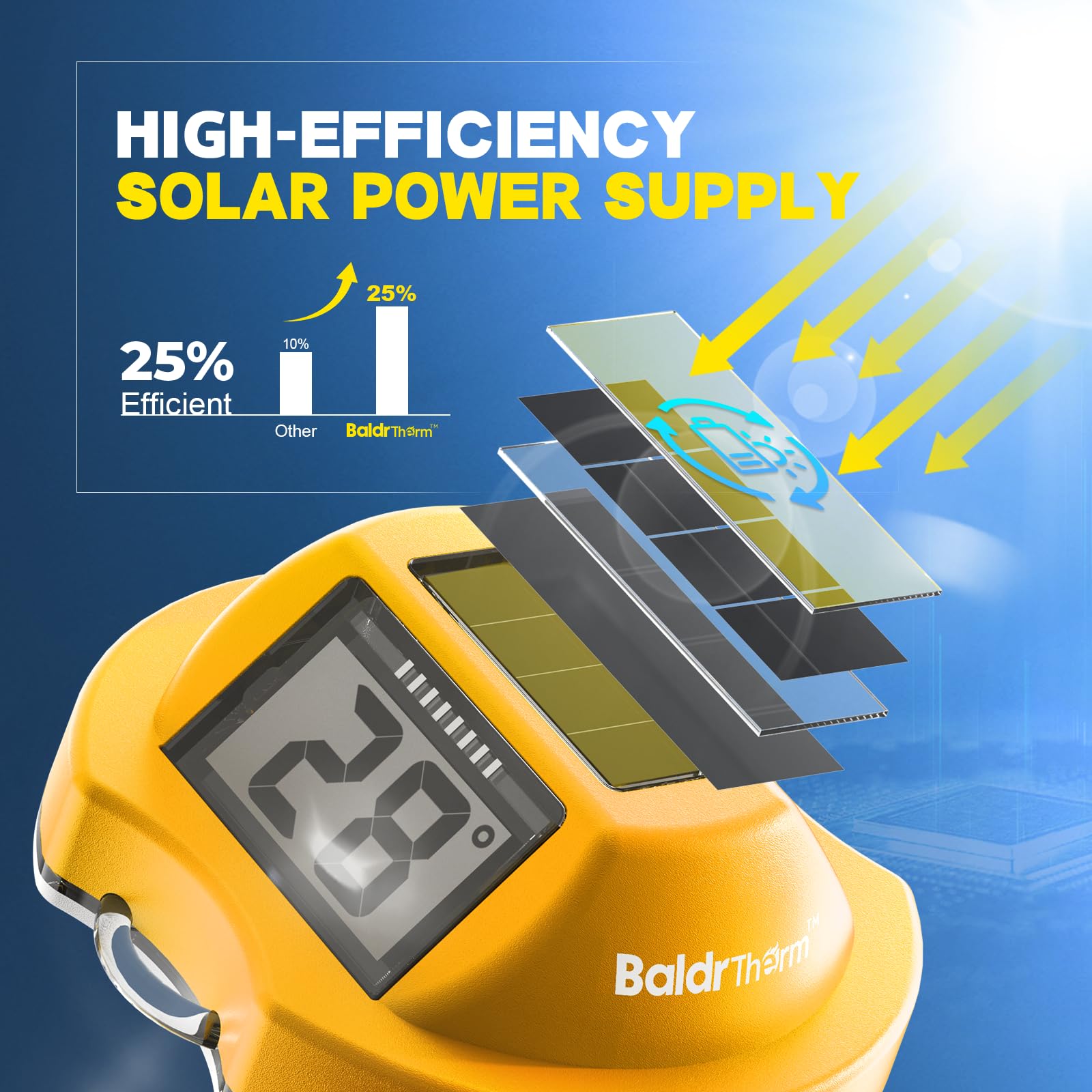 BaldrTherm digital pool thermometer with solar panel for continuous readings.