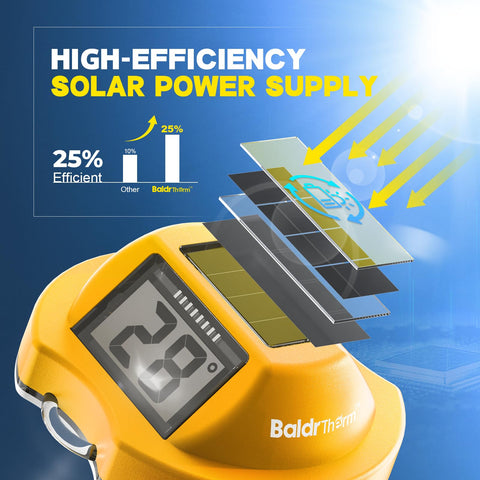 BaldrTherm digital pool thermometer with solar panel for continuous readings.