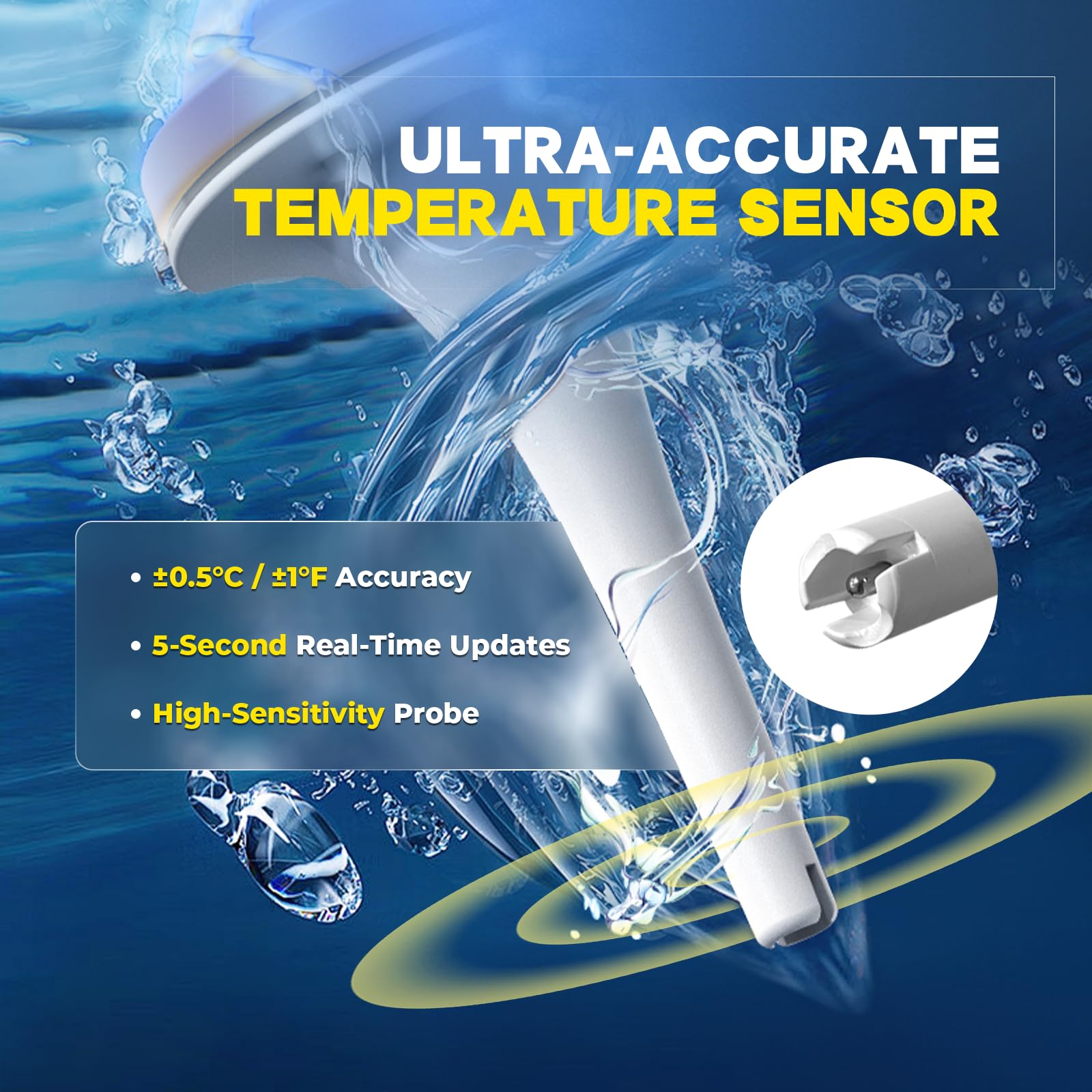 BaldrTherm dual-display thermometer provides easy viewing from poolside angles.