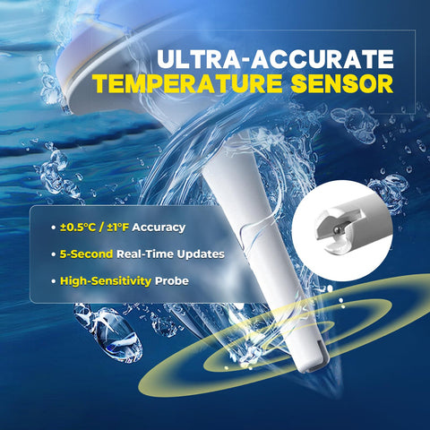 BaldrTherm dual-display thermometer provides easy viewing from poolside angles.