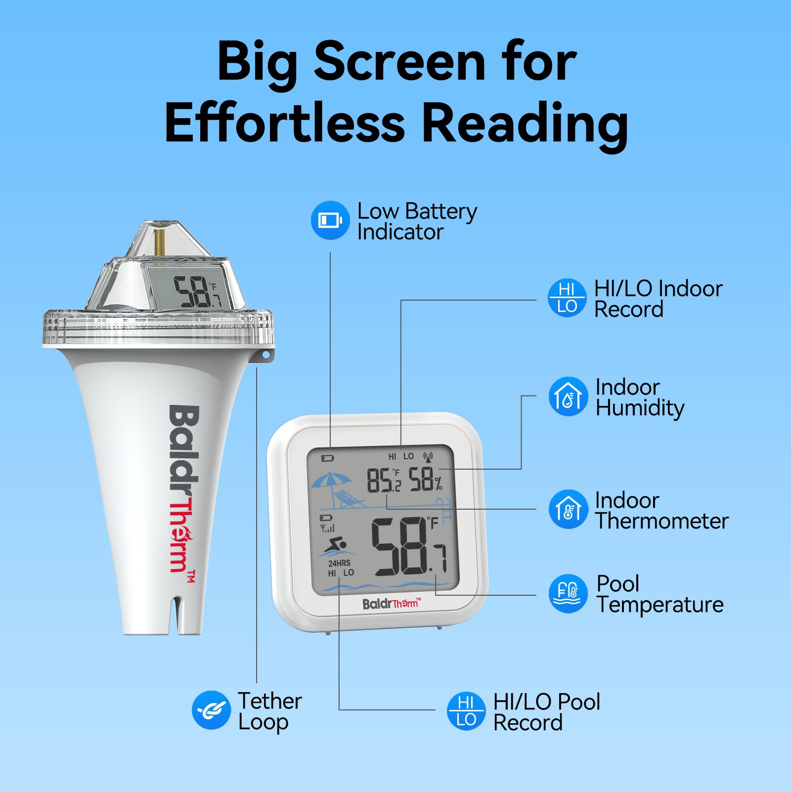 BaldrTherm floating digital thermometer reads clearly.