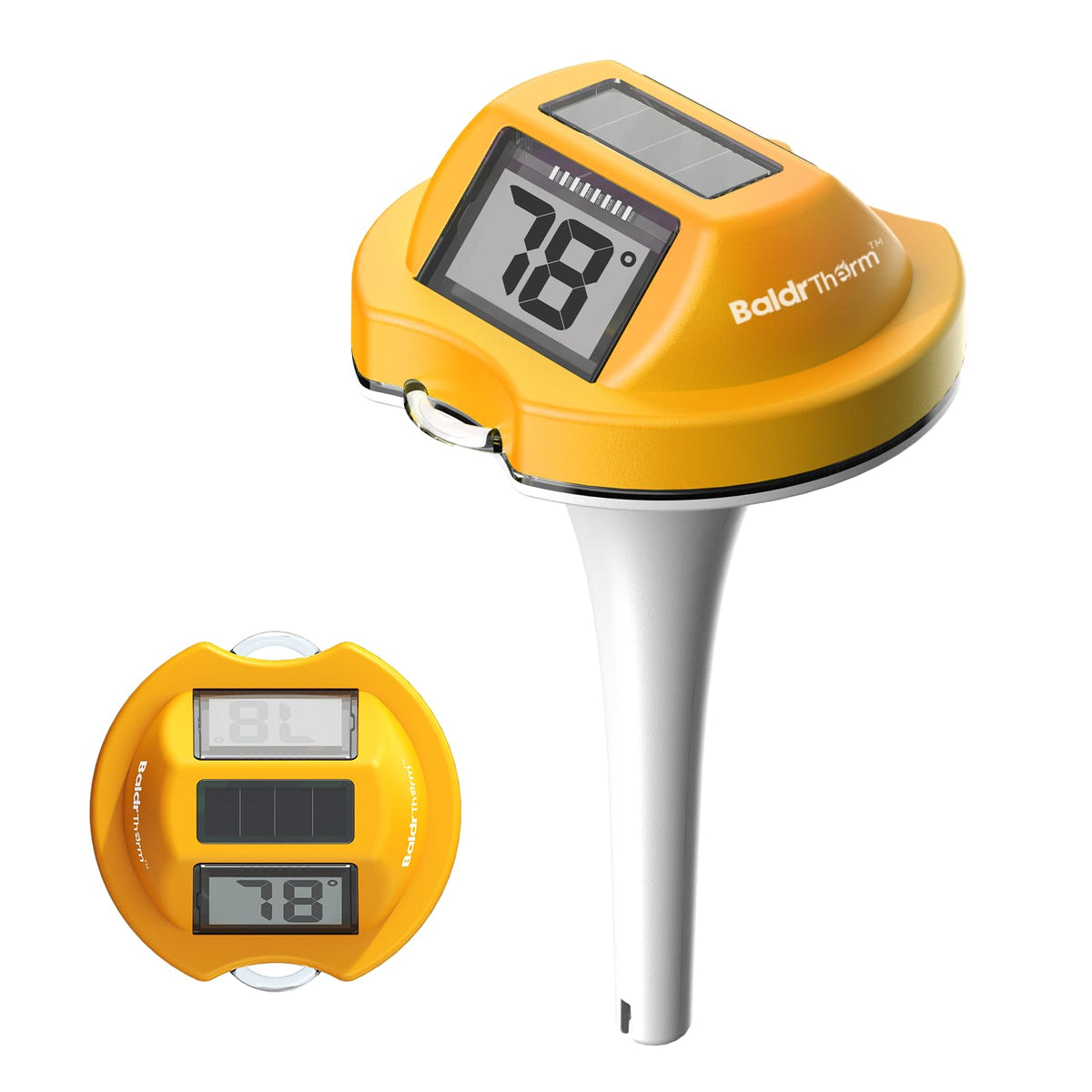 BaldrTherm floating pool thermometer with solar display shows readings at a glance.