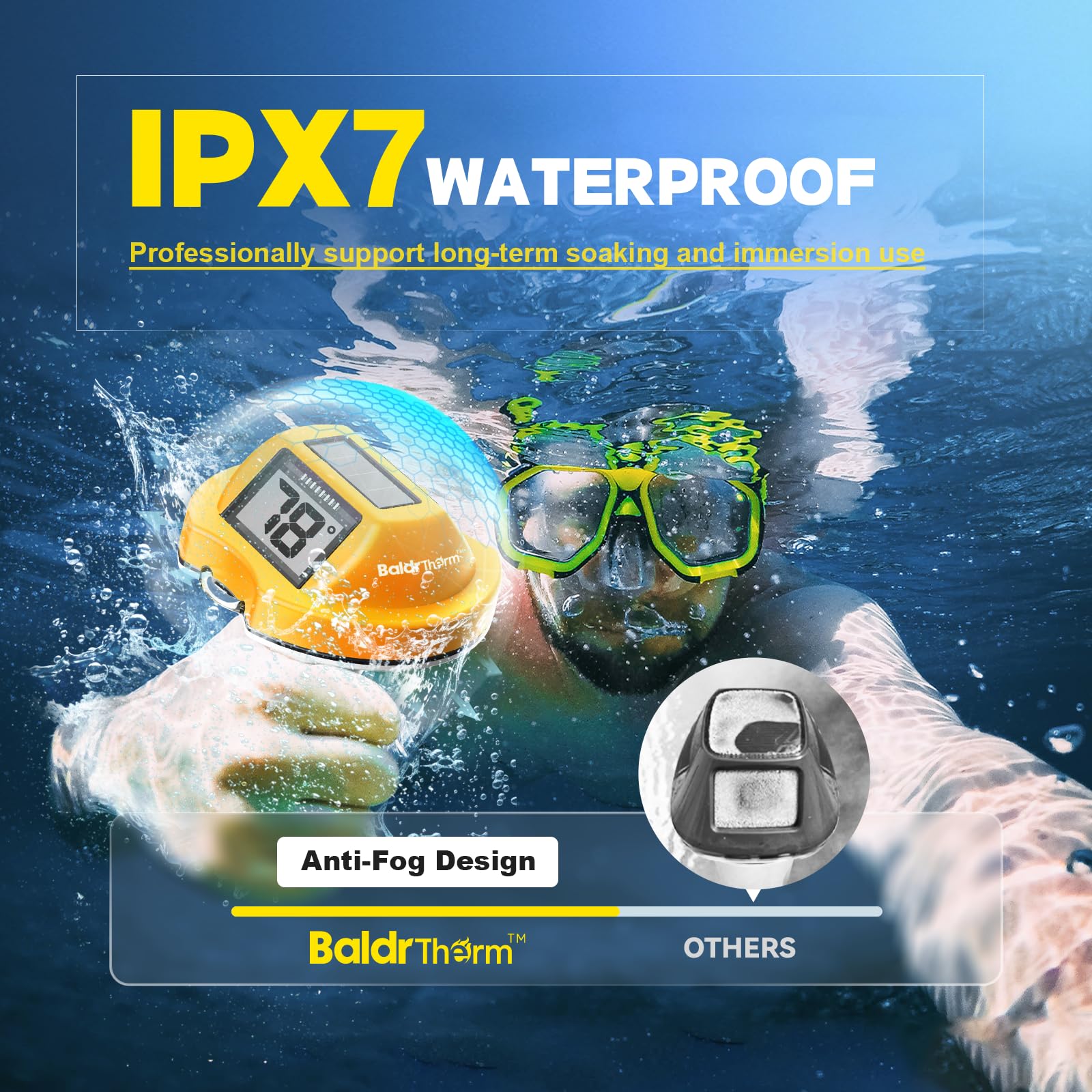 BaldrTherm fog-resistant IPX7 thermometer stays readable in steamy water.