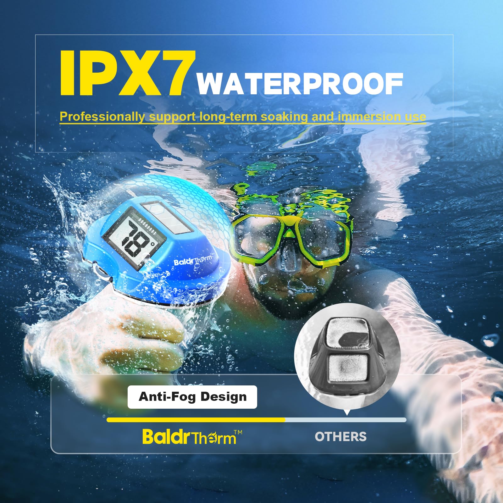 BaldrTherm IPX7 fog-resistant design suitable for hot tubs and pools