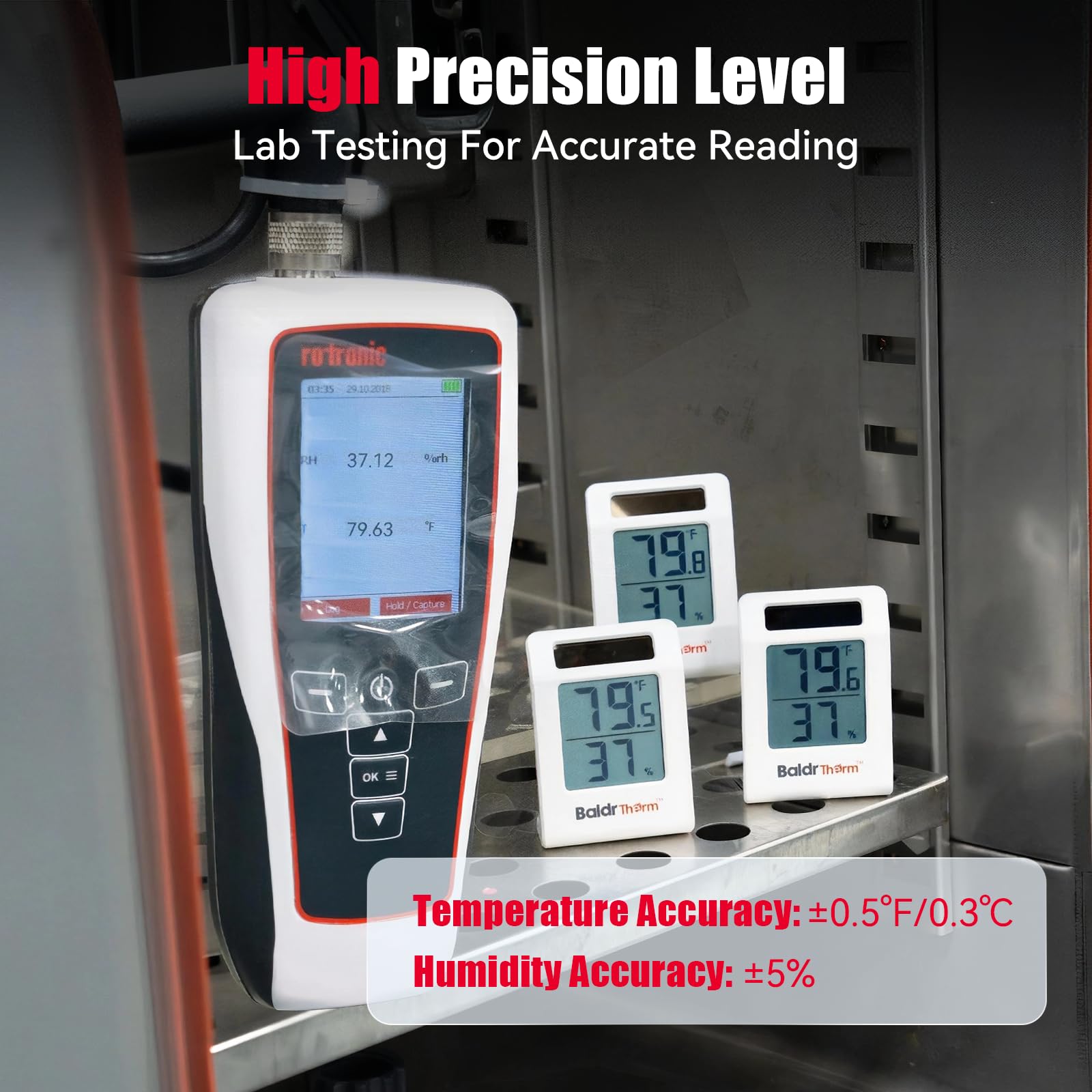 BaldrTherm large LCD screen shows temperature and humidity clearly