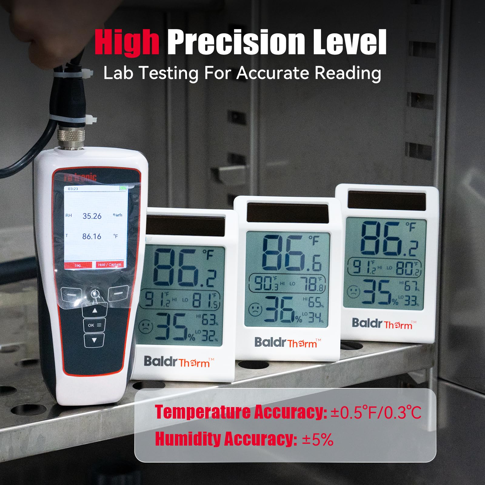 BaldrTherm shows daily max/min readings for temperature and humidity.