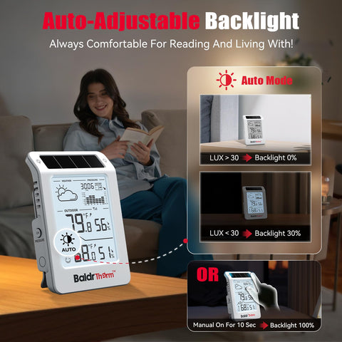 BaldrTherm backlight auto-adjusts for easy reading in dim evenings.