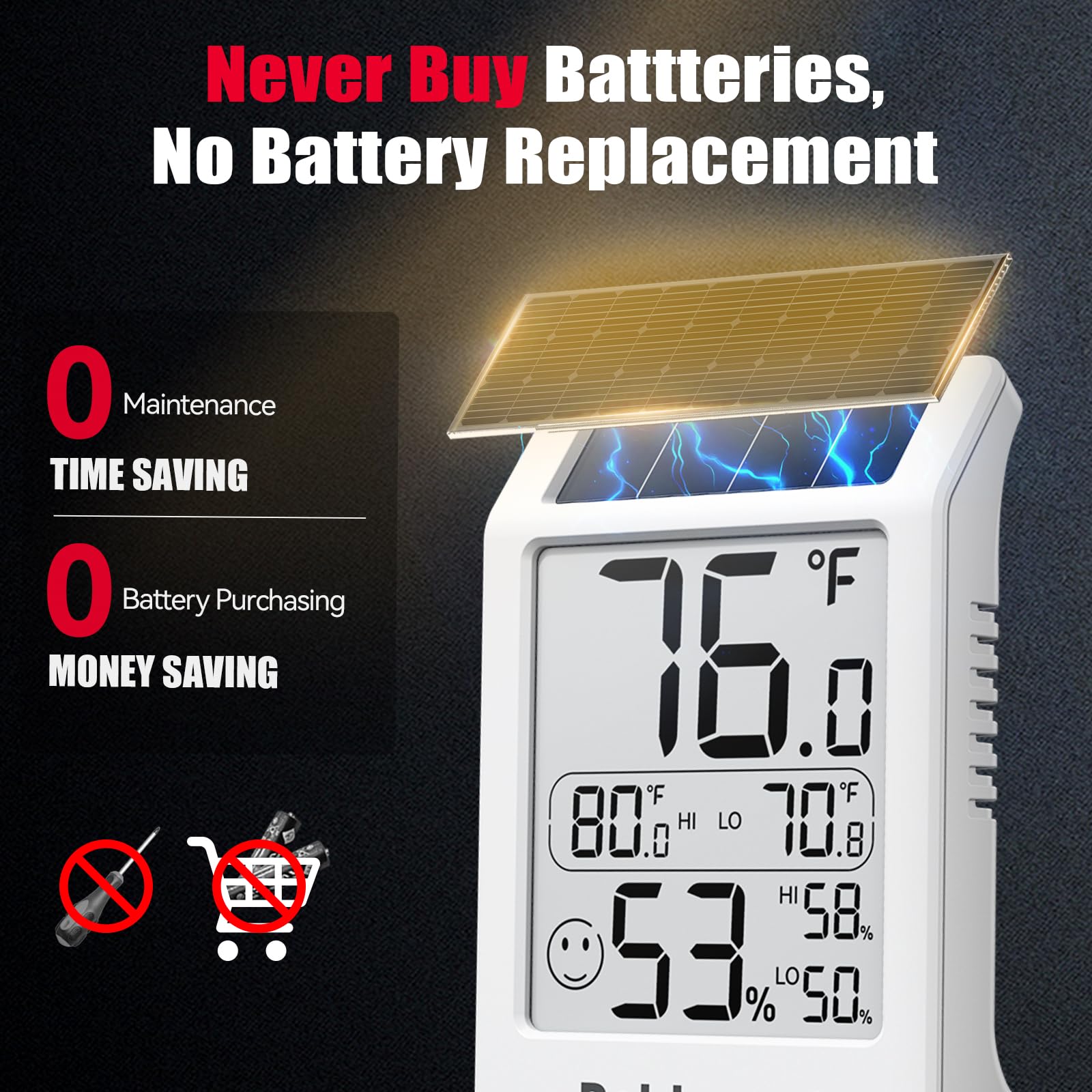 BaldrTherm solar-powered operation keeps readings going from ambient light.