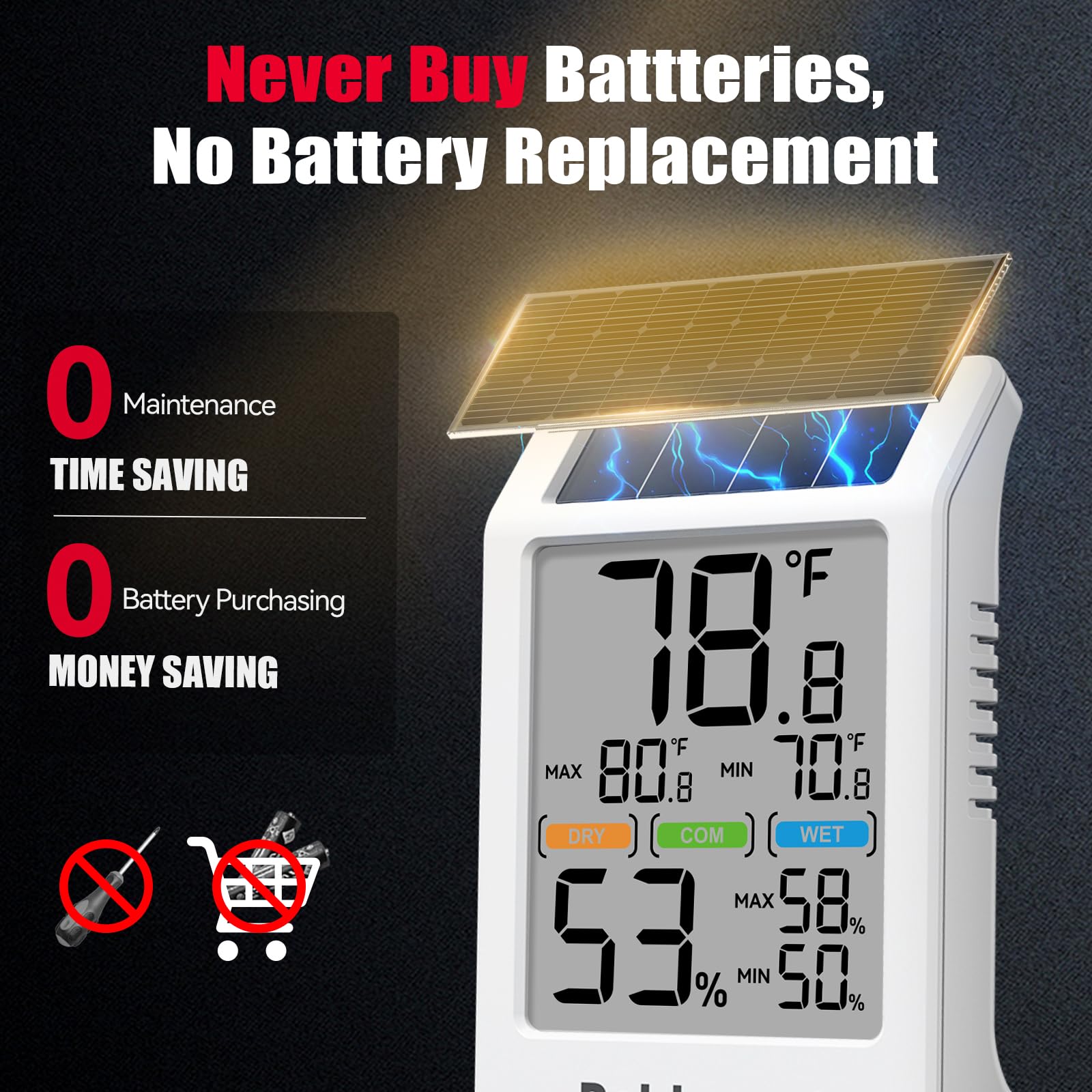 BaldrTherm solar-powered thermometer capturing indoor light for maintenance-free operation.