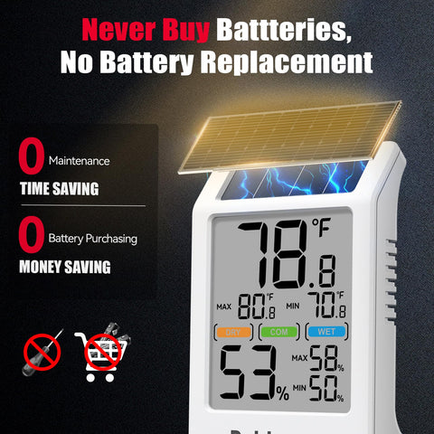 BaldrTherm solar-powered thermometer capturing indoor light for maintenance-free operation.