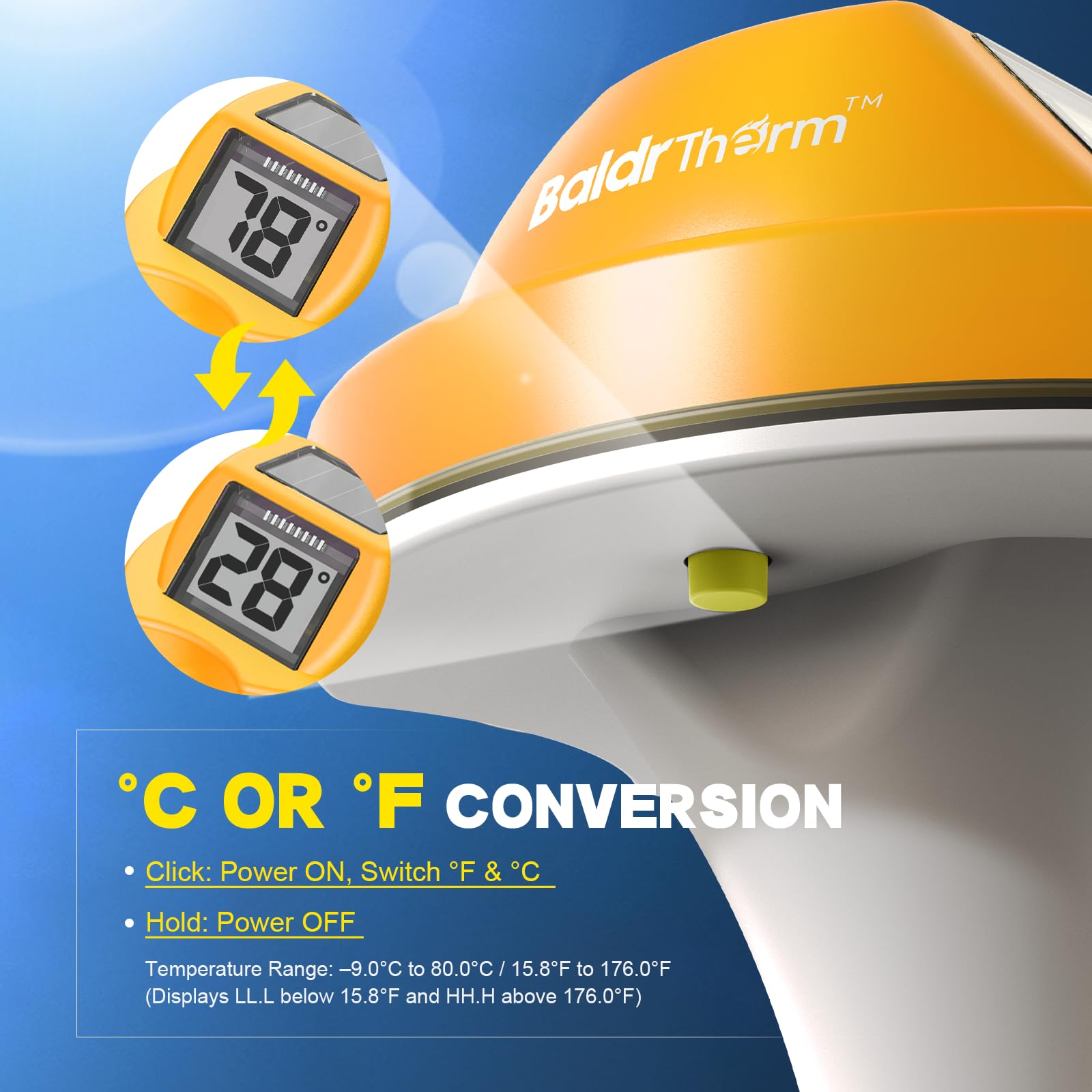 BaldrTherm waterproof floating thermometer remains buoyant and readable in water.