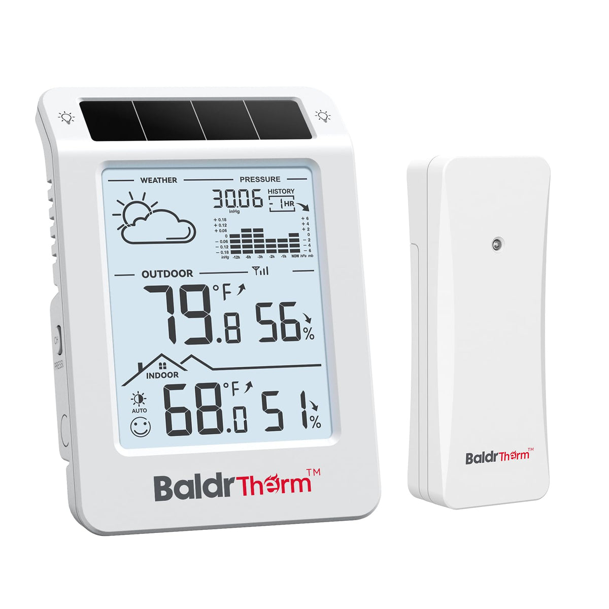 BaldrTherm wireless weather station main unit display shows indoor and outdoor conditions at a glance.