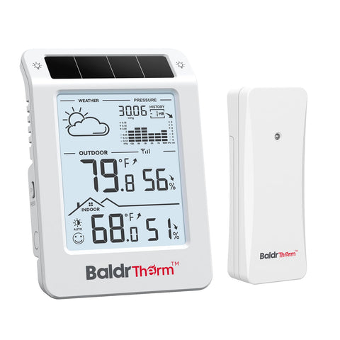 BaldrTherm wireless weather station main unit display shows indoor and outdoor conditions at a glance.