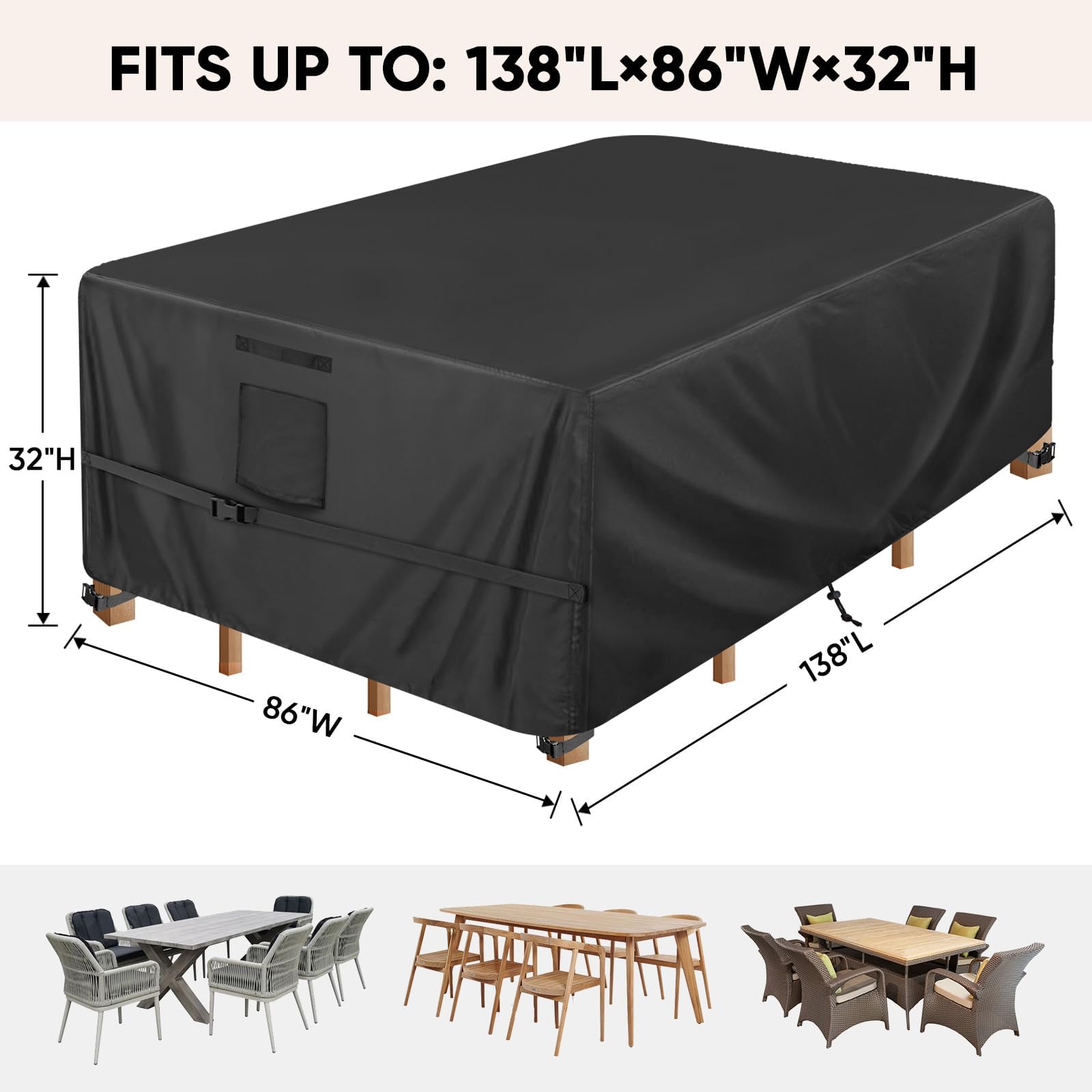 BALEINE outdoor table cover with rectangular fit secures your table in rain.