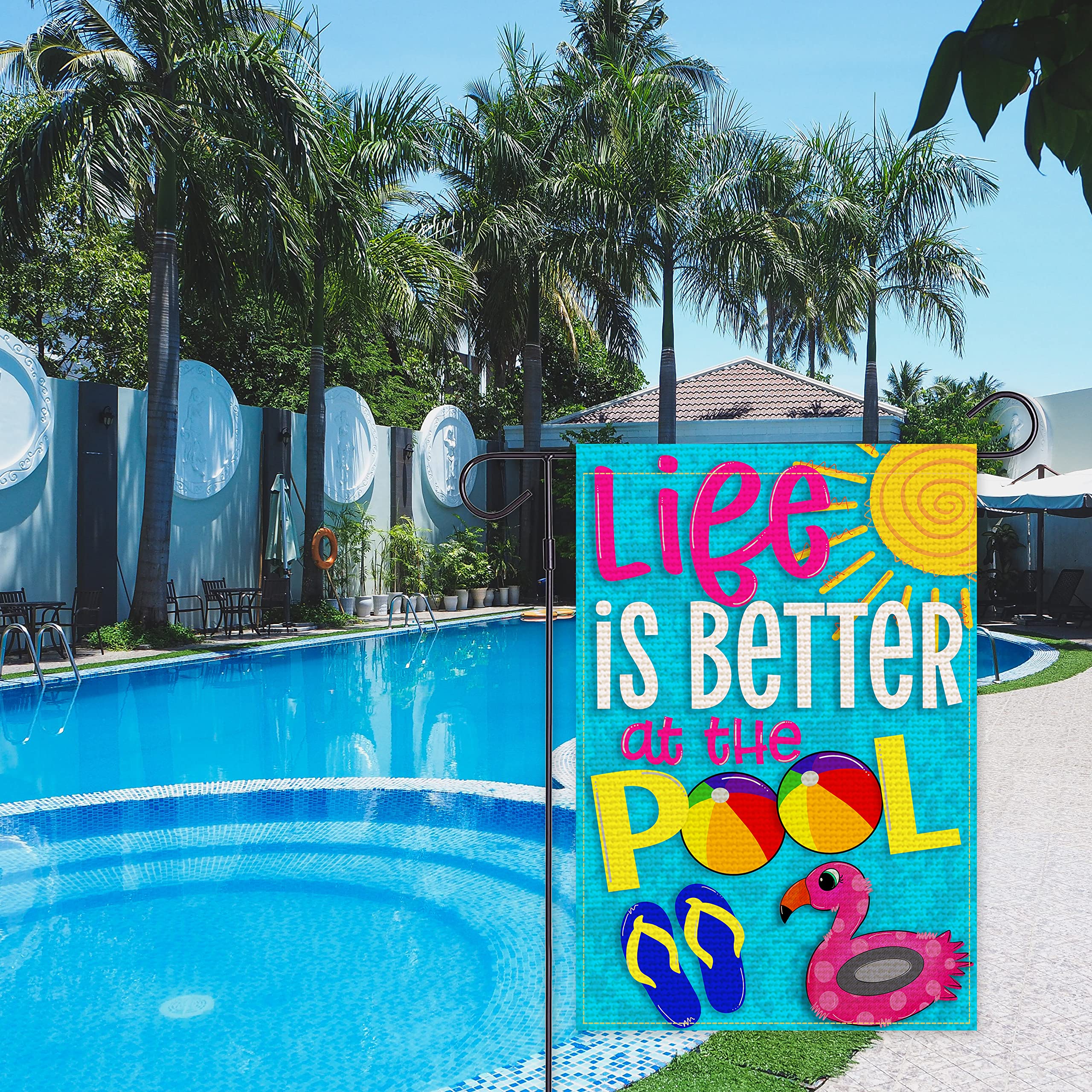 Balgardekor Life is Better at the Pool flag, back view, vivid print for lasting curb appeal.