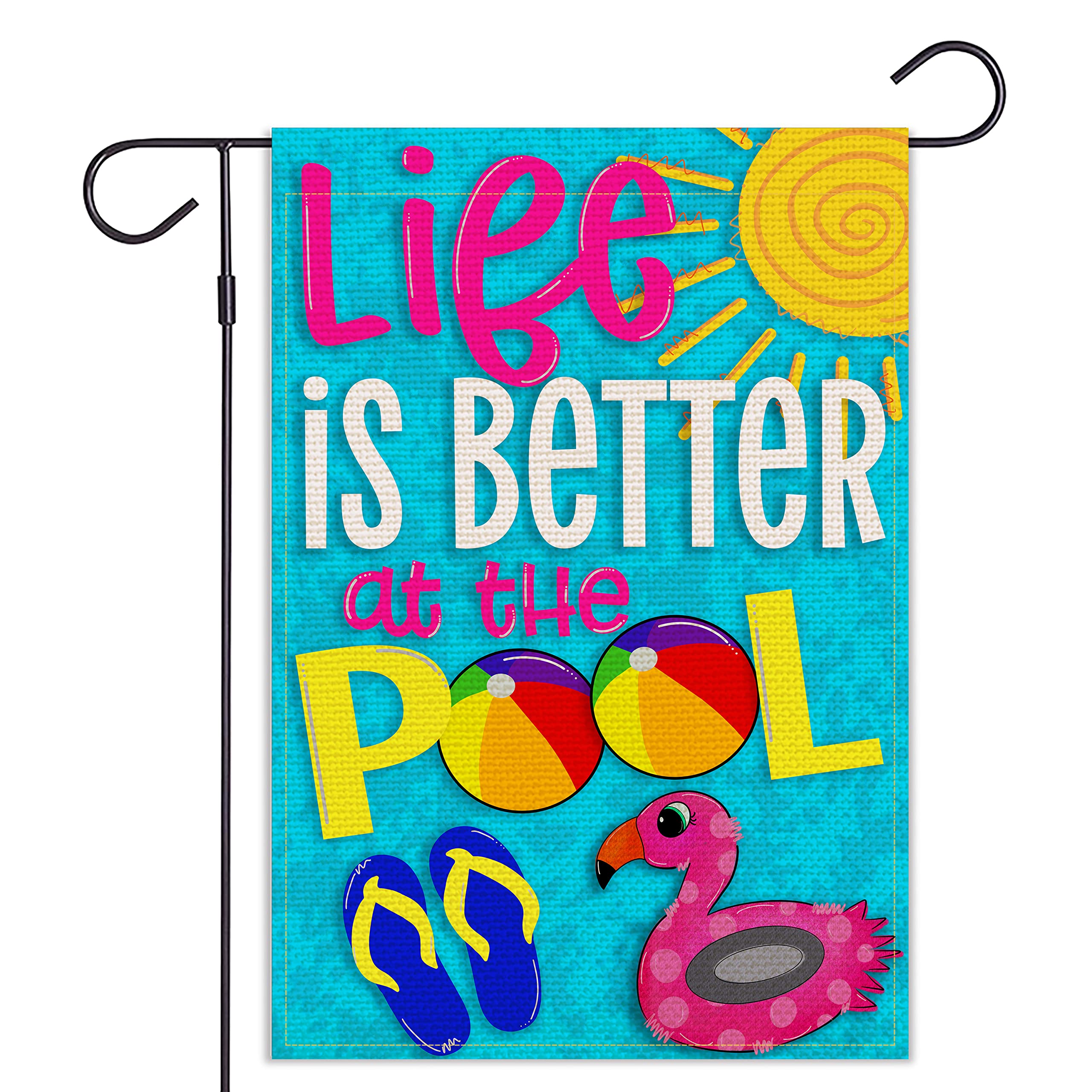 Balgardekor Life is Better at the Pool flag, front view, outdoor-ready double-sided burlap decoration.