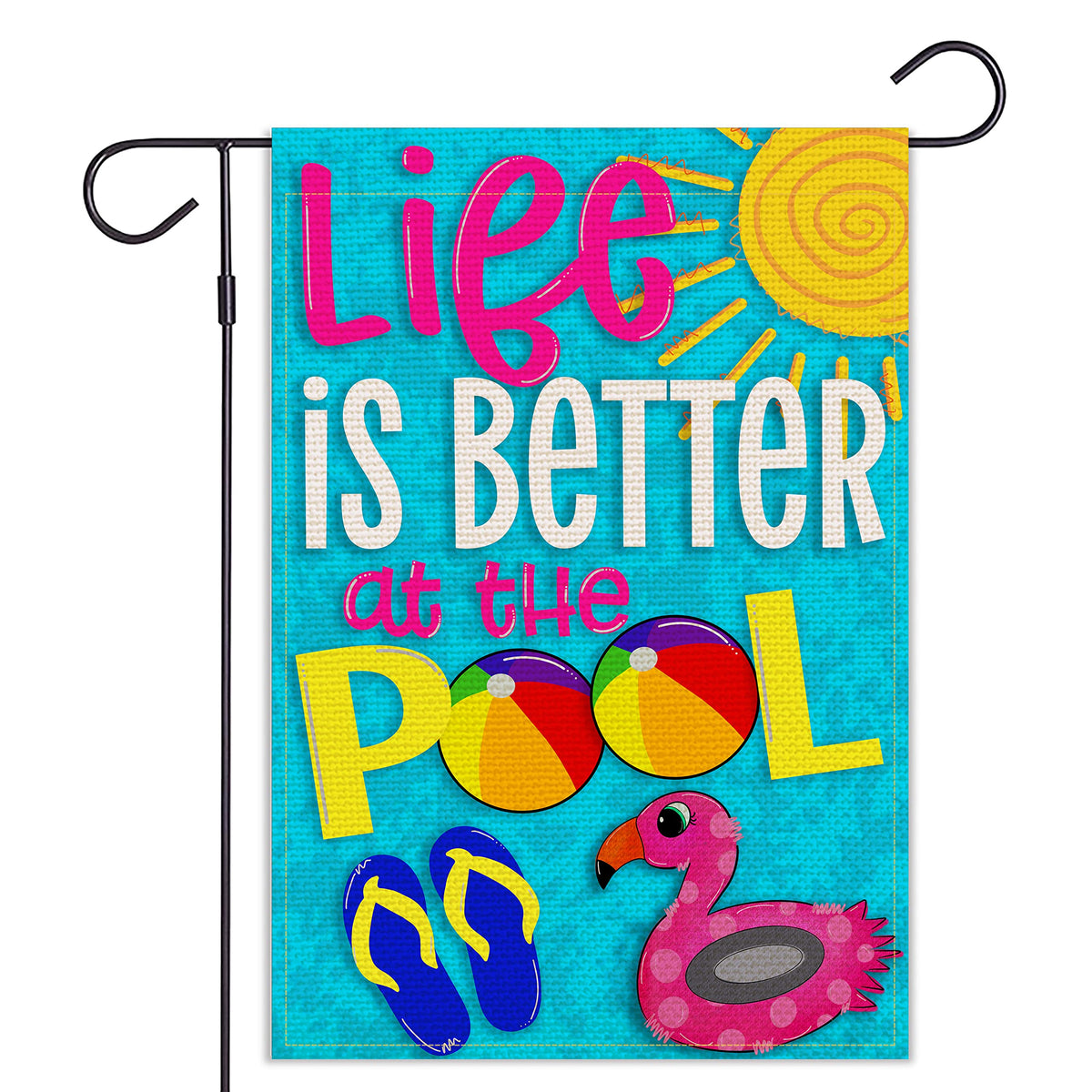 Balgardekor Life is Better at the Pool flag, front view, outdoor-ready double-sided burlap decoration.