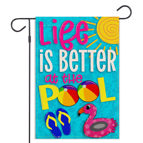 Balgardekor Life is Better at the Pool flag, front view, outdoor-ready double-sided burlap decoration.