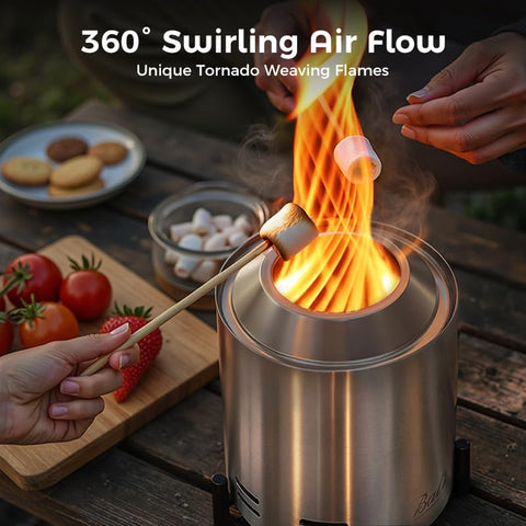 BALI OUTDOORS smokeless fire pit demonstrates clean air for indoors or patios.