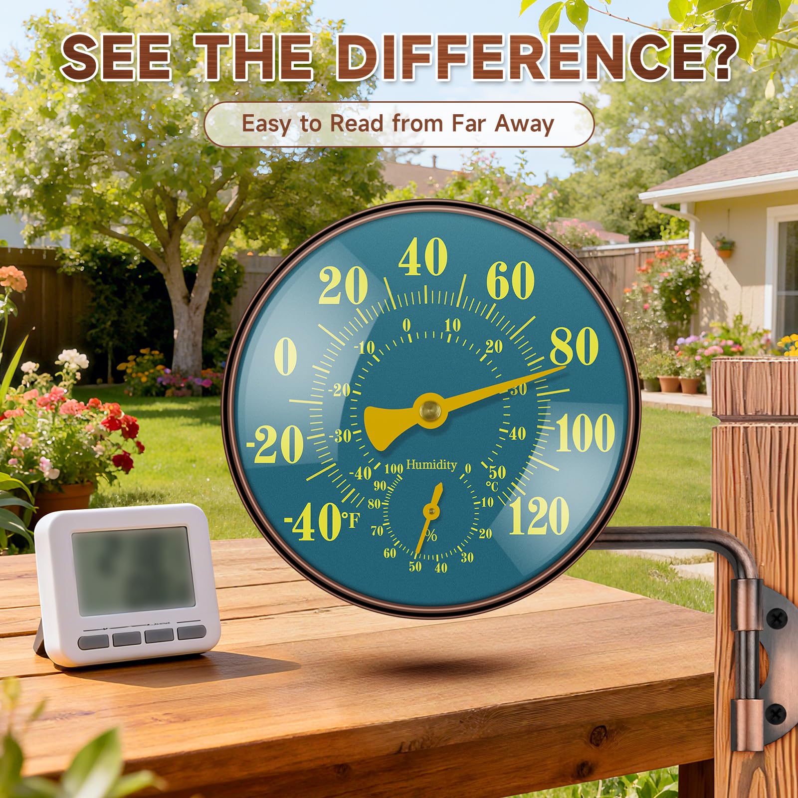 Ballment brass retro thermometer detail showing durable construction for outdoor use.