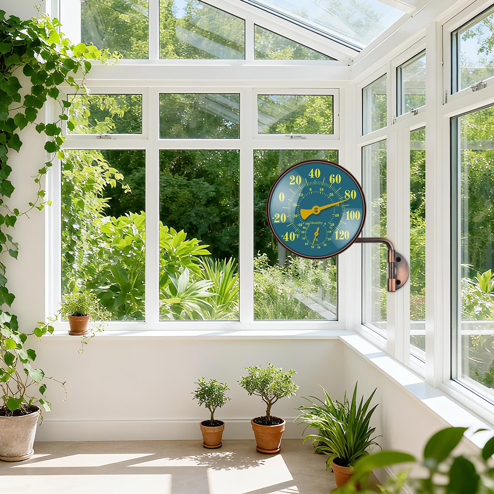 Ballment weatherproof brass gauge withstands rain and sun for year-round use.