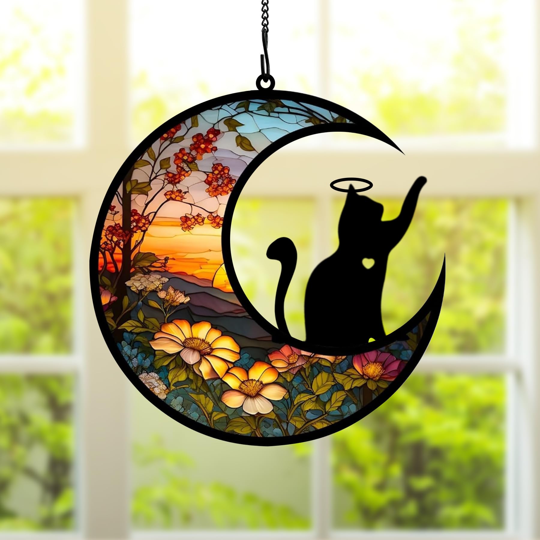 BamLue cat memorial suncatcher on window showing bright colors from sunlight