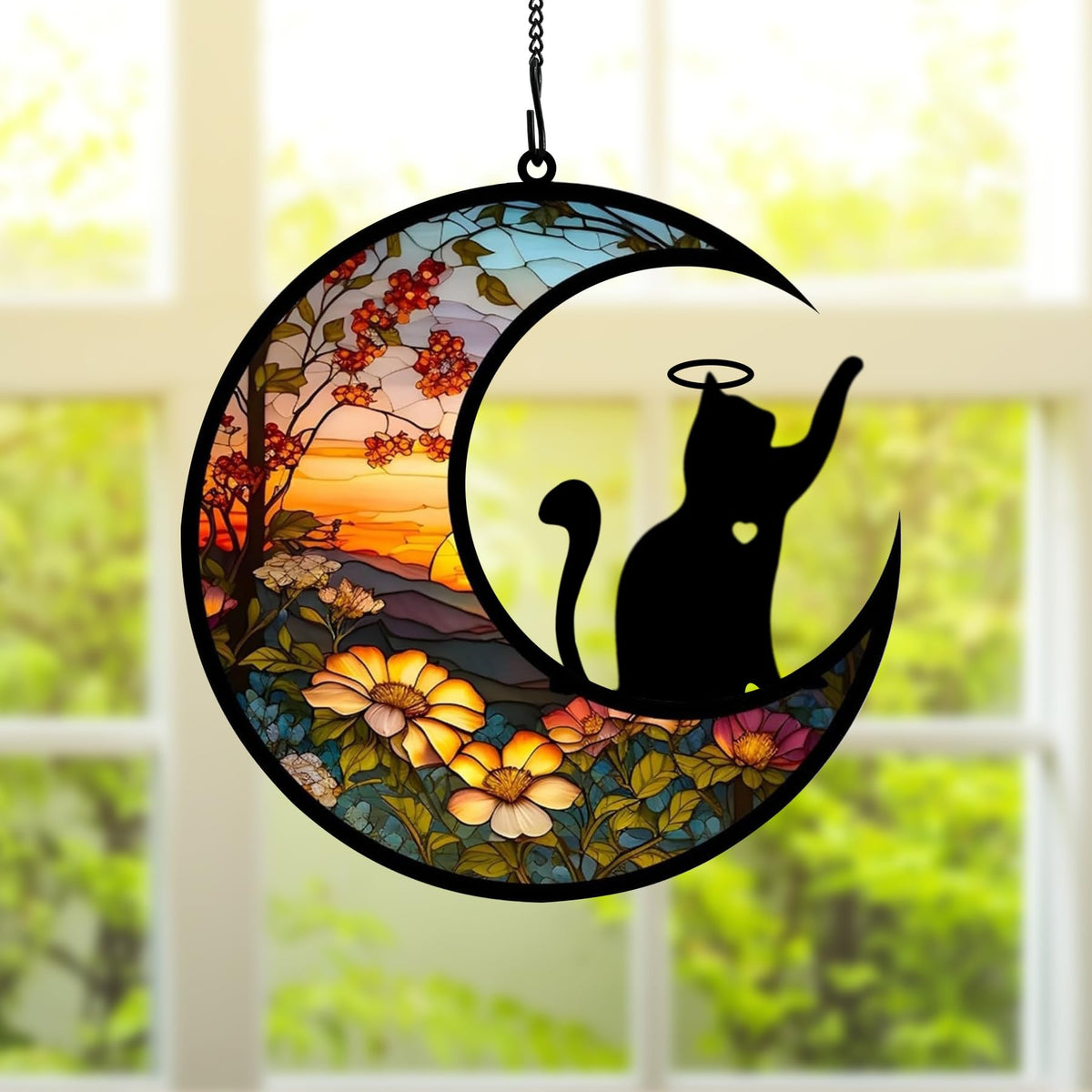 BamLue cat memorial suncatcher on window showing bright colors from sunlight