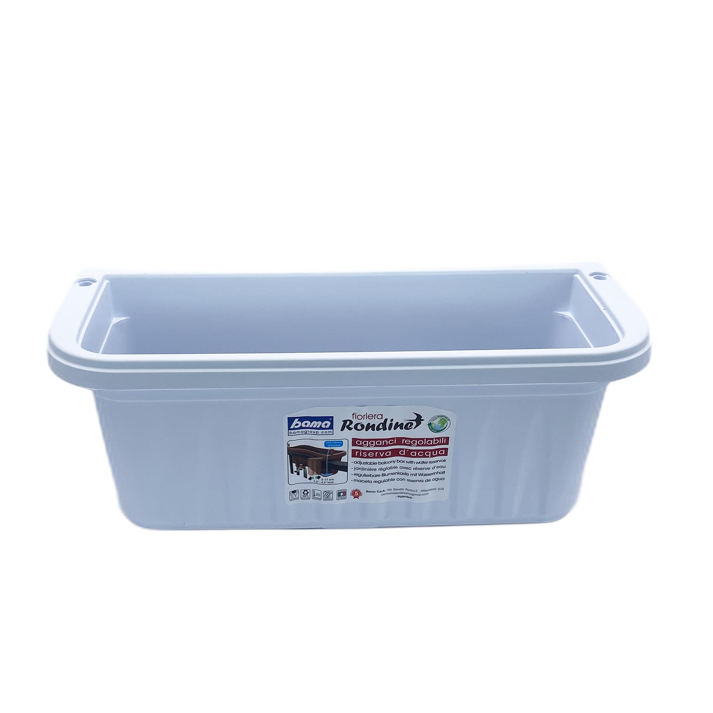 Bama Apollo railing planter in white with side view, highlighting adjustable arms
