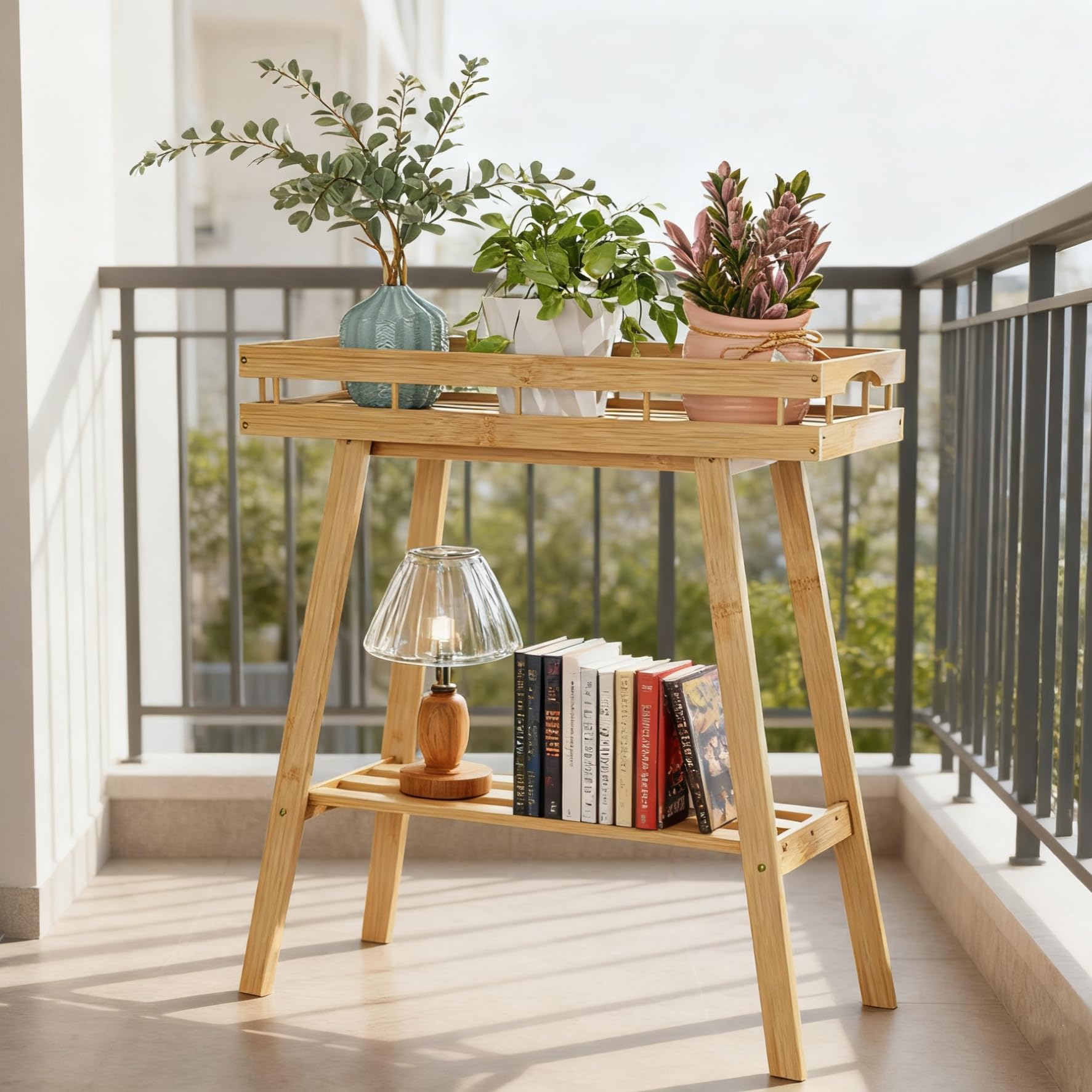 BAMBANG bamboo plant stand top-shelf shows a secure edge to keep pots in place.