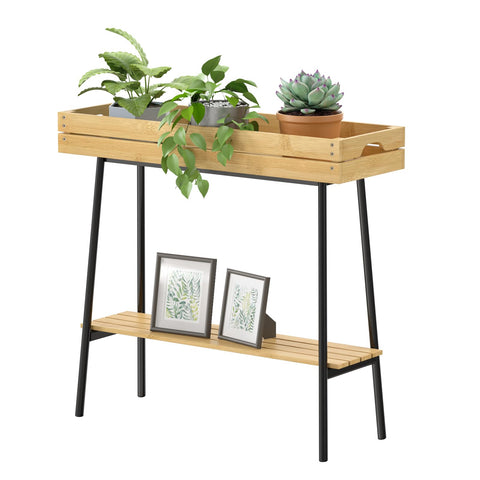 BAMBANG bamboo plant stand top shelf displays small pot near window for bright light