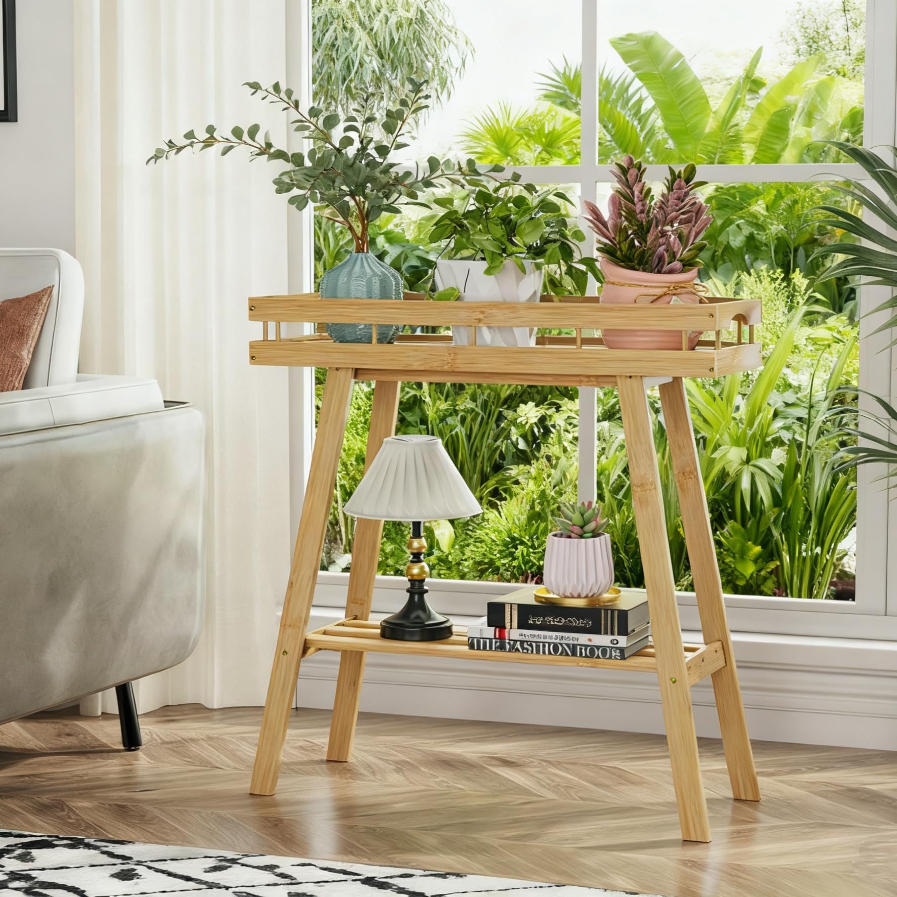 BAMBANG plant stand on a window sill enhances sunlight and plant visibility.