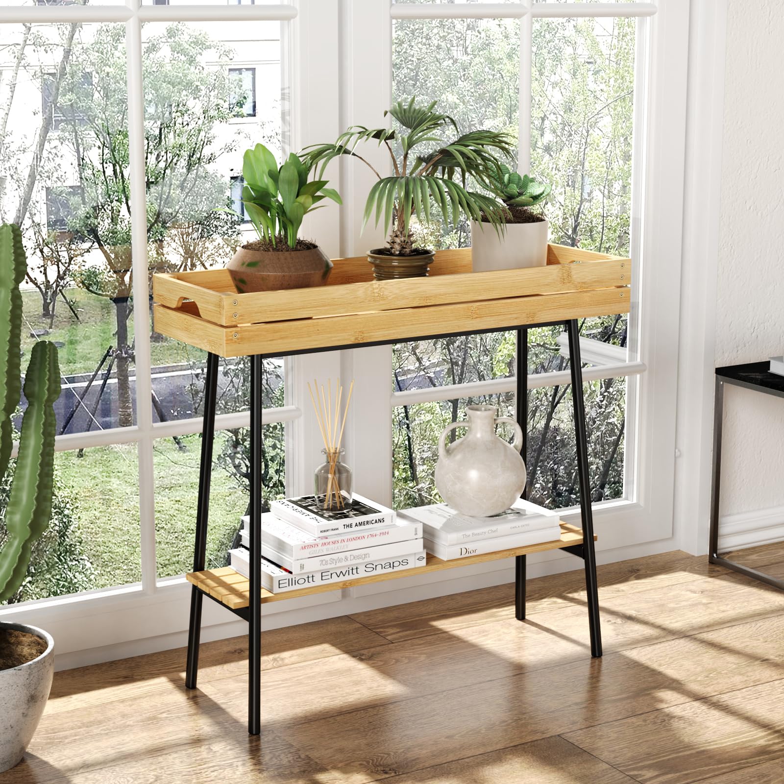 BAMBANG bamboo plant stand with wood and metal frame blends with modern decor