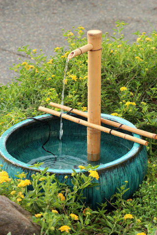 Bamboo Accents fountain kit pump close-up highlighting quiet outdoor operation.