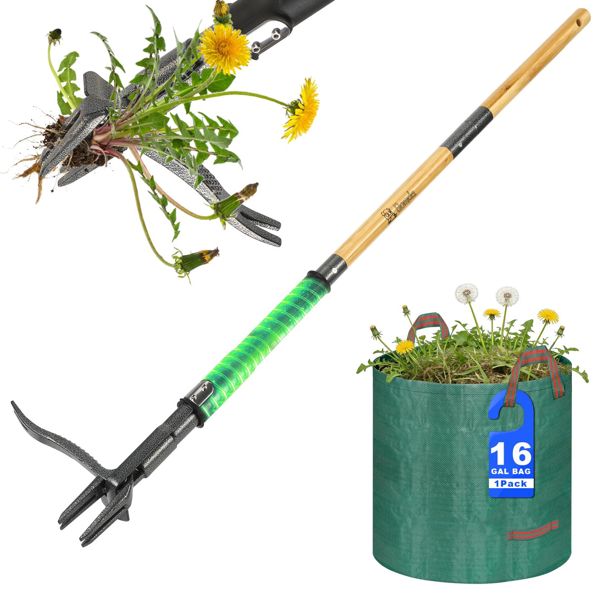 Bamda weed puller with 4-claw steel head for clean root removal in tough soil.