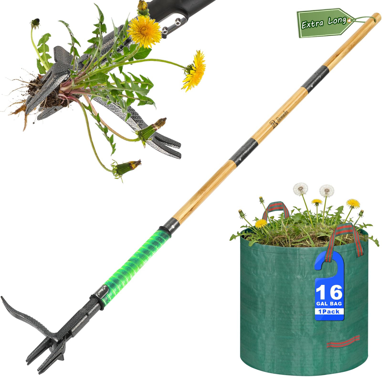 Bamda Weed Puller Tool with 4-claw steel head for full root removal