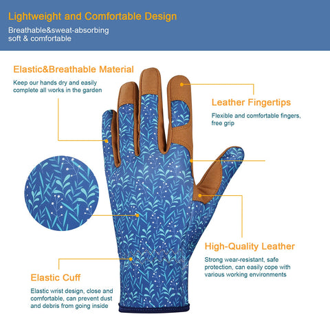 Bamllum Leather Gardening Gloves Women blue back breathable fabric for comfort.
