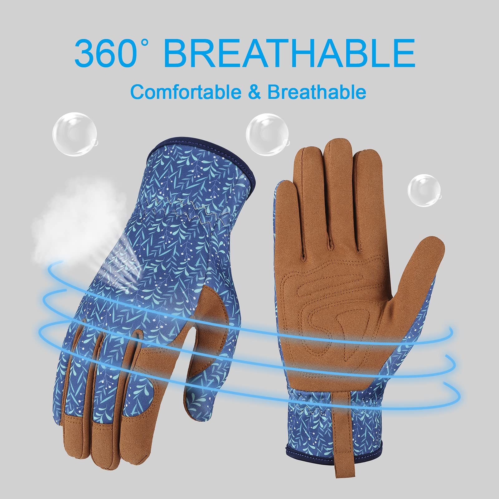 Bamllum Leather Gardening Gloves Women blue elastic wrist for snug fit.
