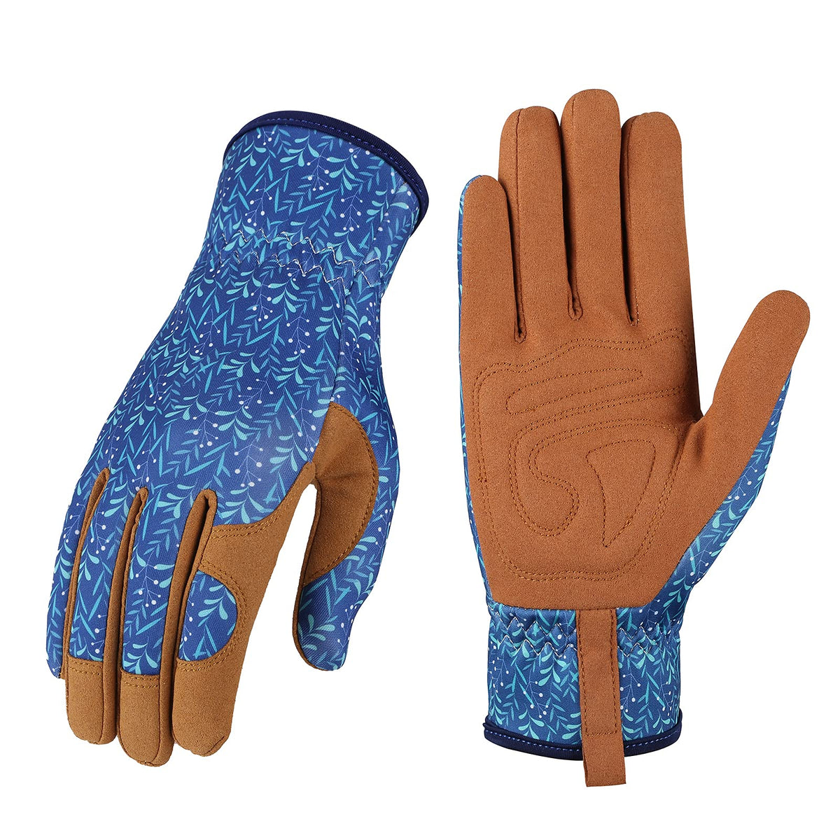 Bamllum Leather Gardening Gloves Women blue palm grip for secure tool handling.