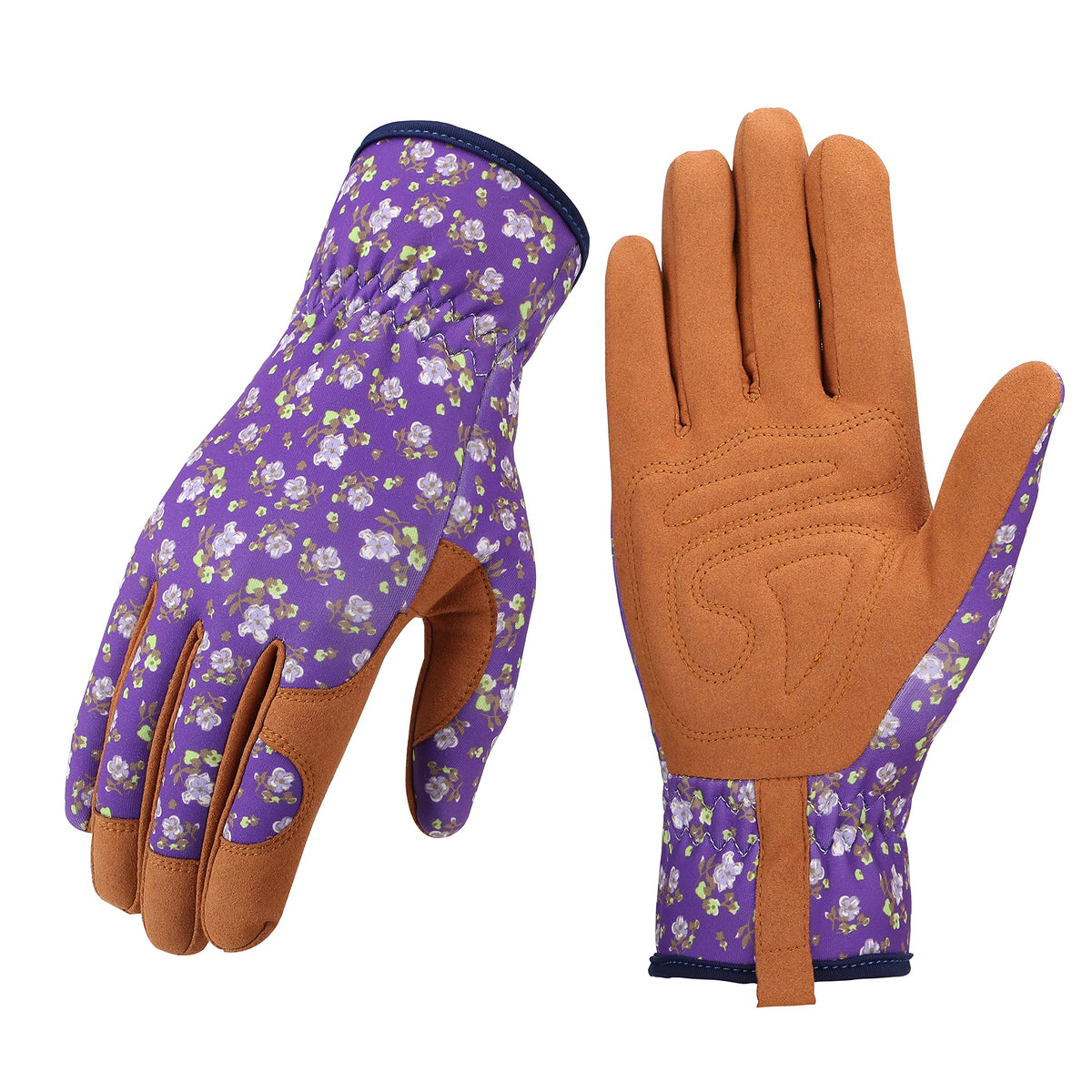 Bamllum leather gardening gloves for women, purple closeup highlights durable grip for precise planting.
