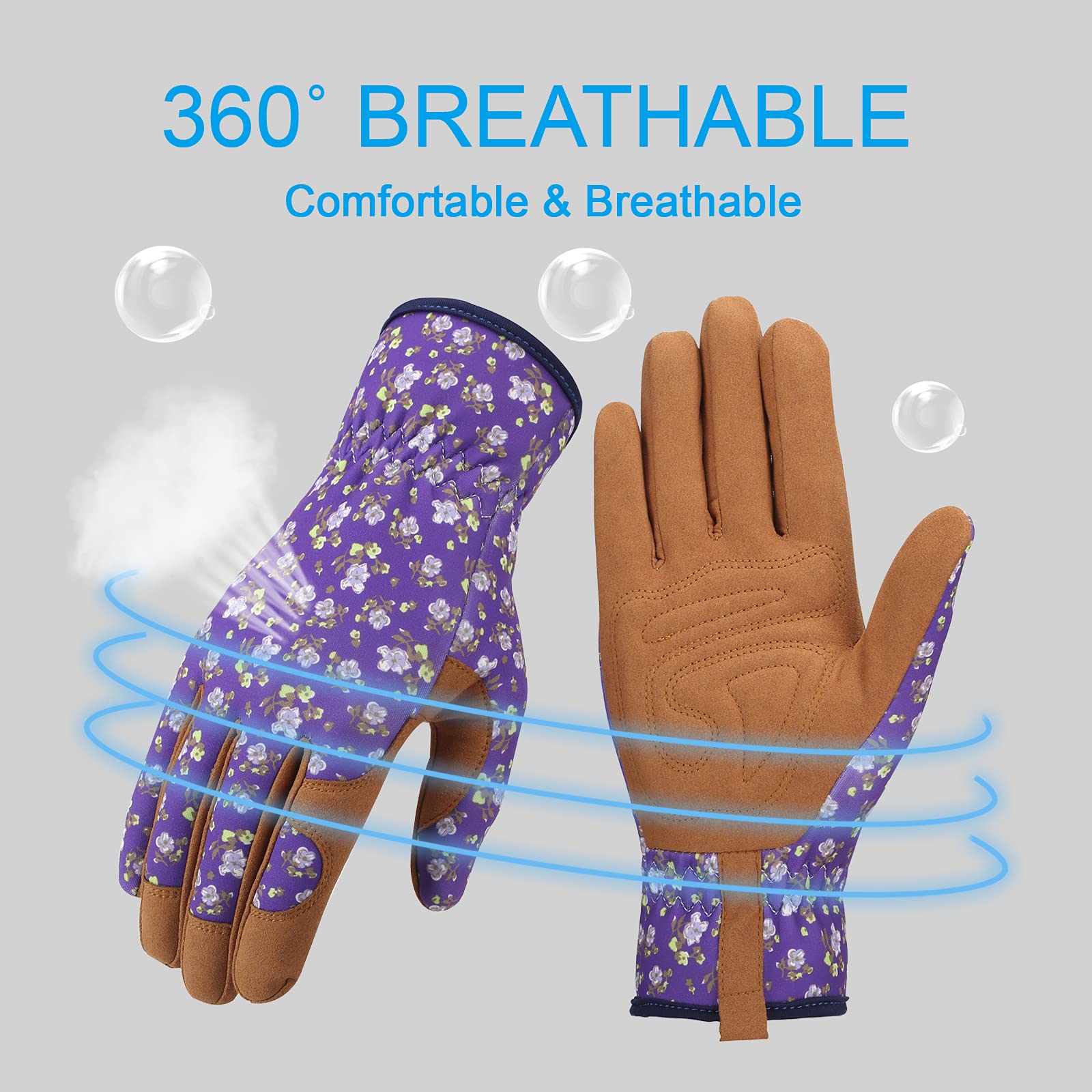 Bamllum leather gloves with purple back and elastic wrist for secure fit.