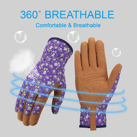 Bamllum leather gloves with purple back and elastic wrist for secure fit.