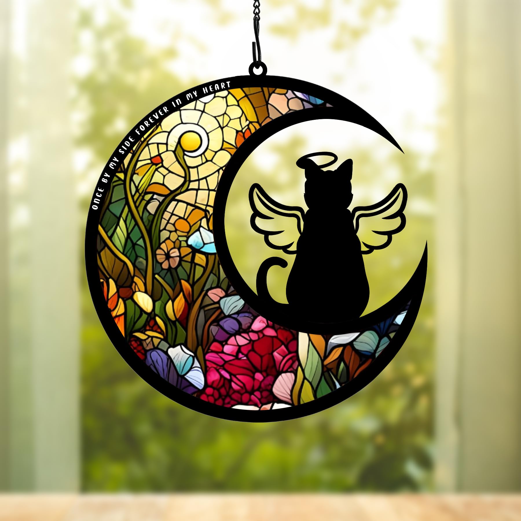 BamLue cat memorial suncatcher catching sunlight to create warm colors in your window
