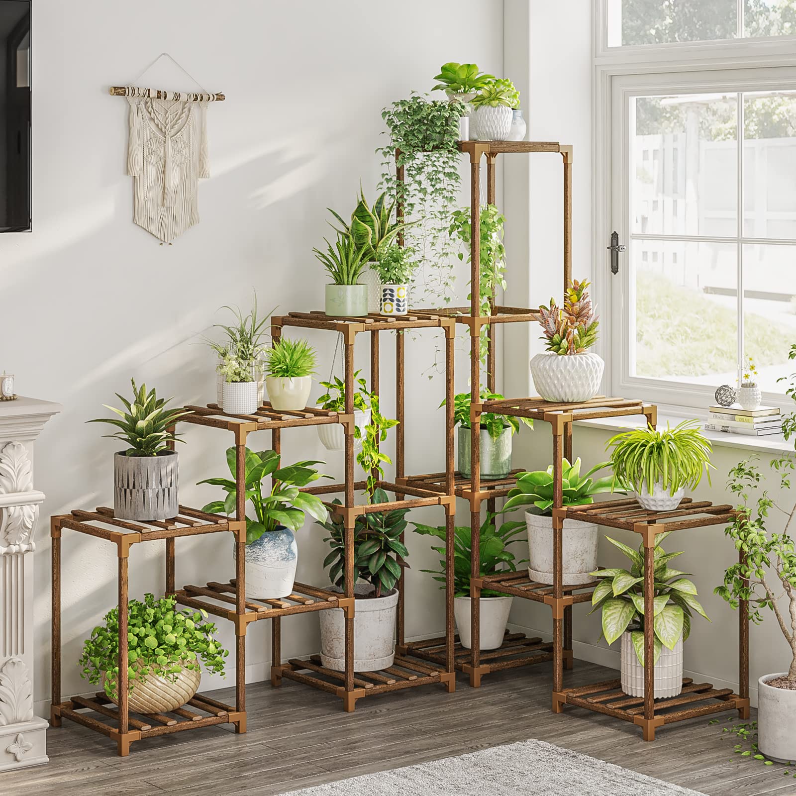 Bamworld 03B tall plant stand displaying a corner-friendly, space-saving multi-level setup for indoor display