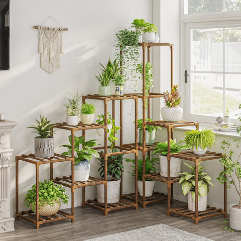 Bamworld 03B tall plant stand displaying a corner-friendly, space-saving multi-level setup for indoor display