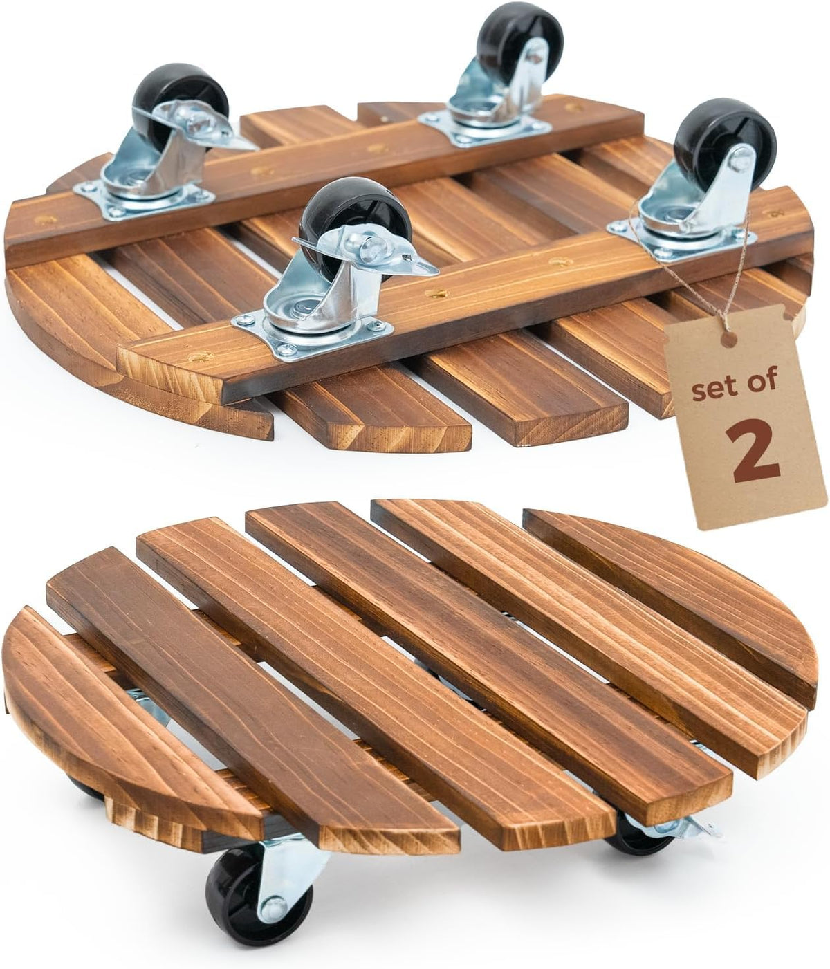 Bamworld 14-inch wood plant caddy with wheels – easy front-view movement for indoor plants.