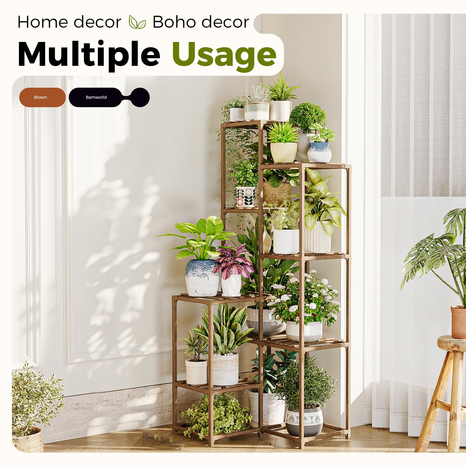 Bamworld plant stand supports up to 150 pounds across its shelves