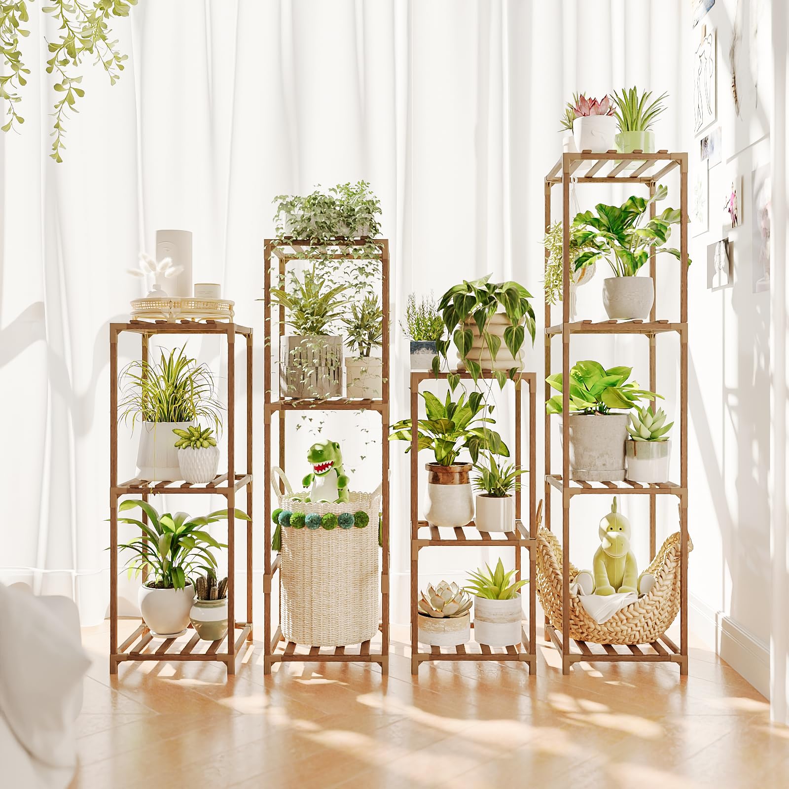 Bamworld 4-sets tall plant stands assembly view for height-adjustable displays