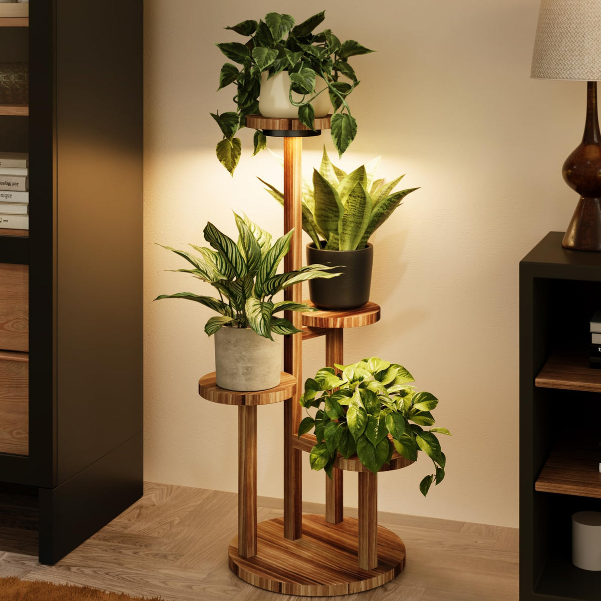 Bamworld 4-tier plant stand with grow lights for organized indoor greenery.